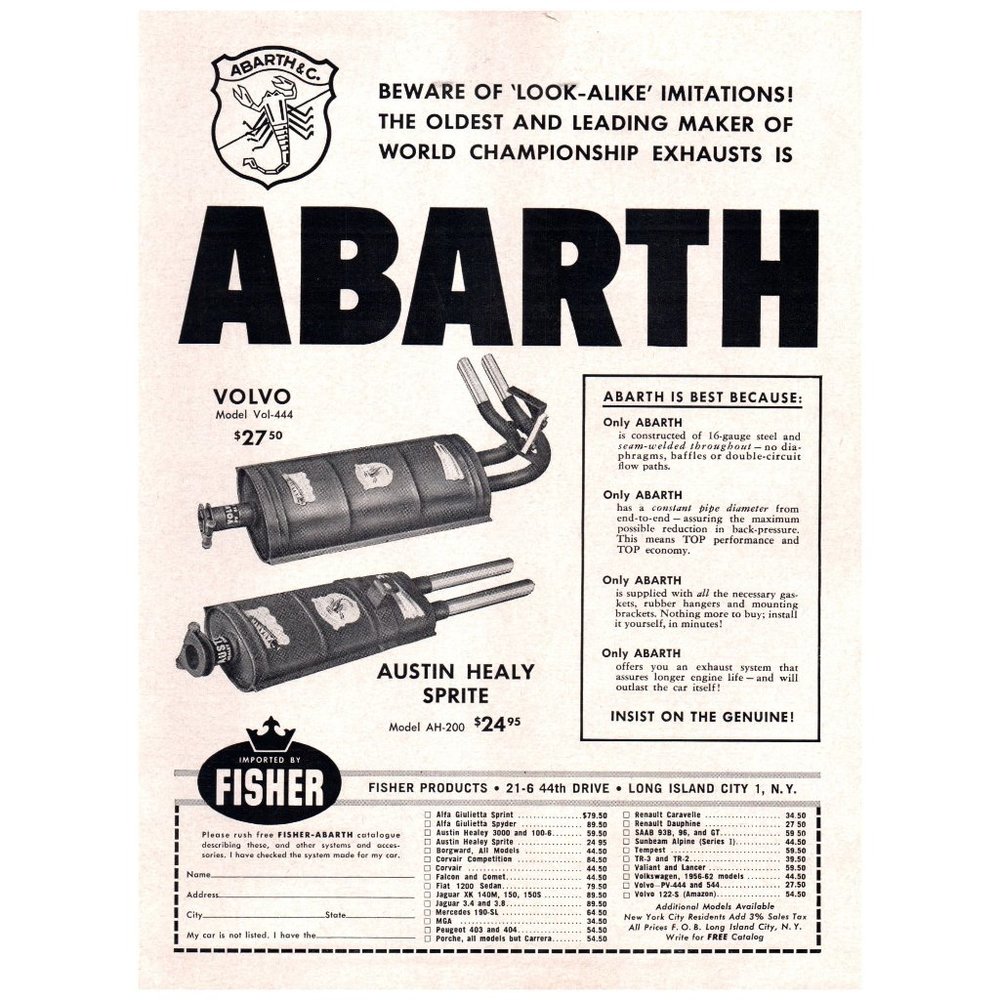 1962 Abarth Performance Exhaust Vintage Print Ad Austin Healy Sprite Volvo